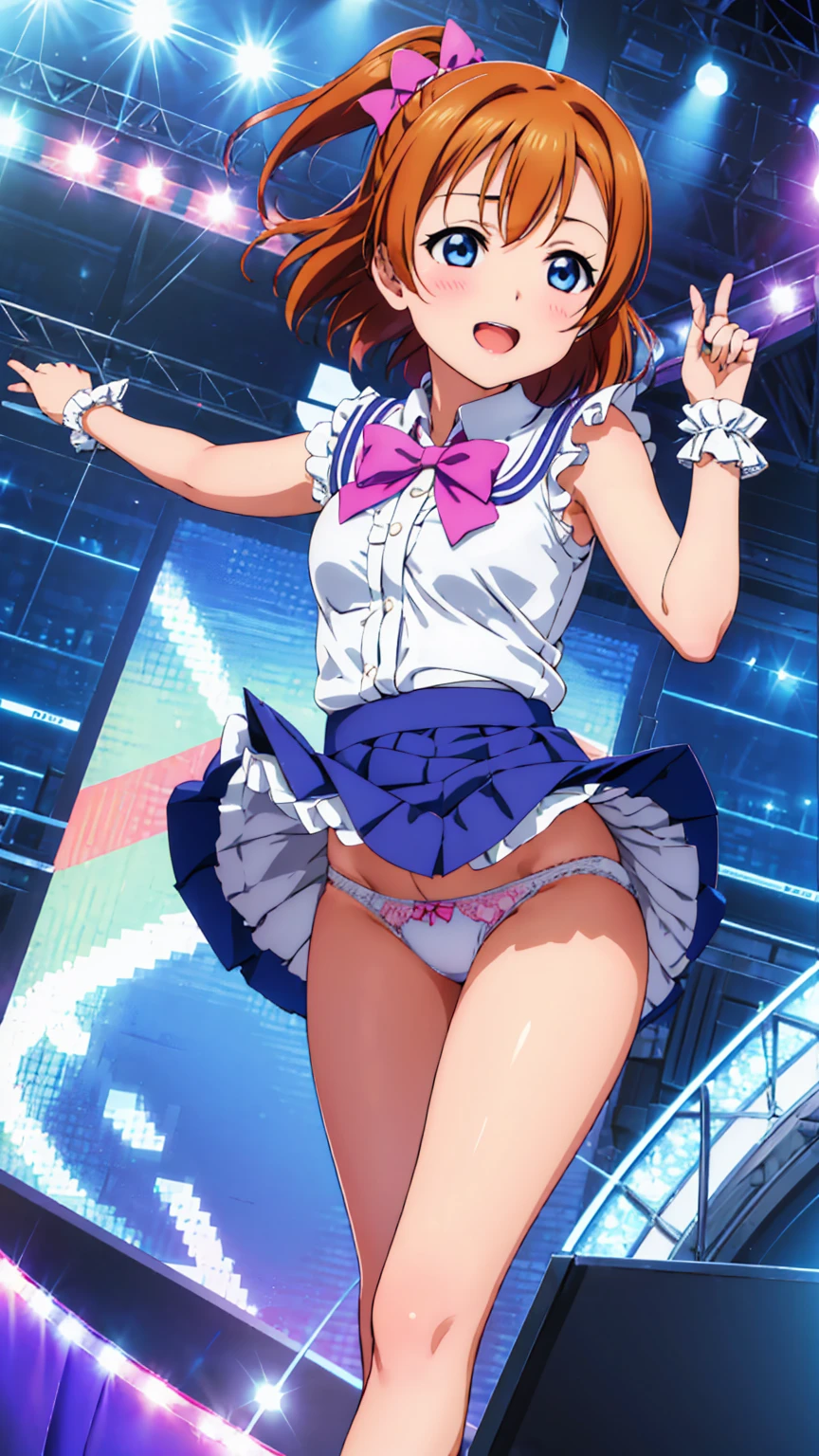 (((Pixel perfect, perfect detail))), (((Underskirt angle view, panties visible,))), solo, solo girl, Honoka Kosaka, (idol dress, : 1.0), (magical girl,: 1.0), viewer's point of view, embarrassed face, μ's, Love Live! stage, singing, (lace skirt: 1.3), (white panties: 1.3), (panties with ribbon), (ruffled panties: 1.3), (tuck skirt,: 1.3), (low angle), blue eyes, orange hair, one side up hair, short hair, (spread legs: 1.0)