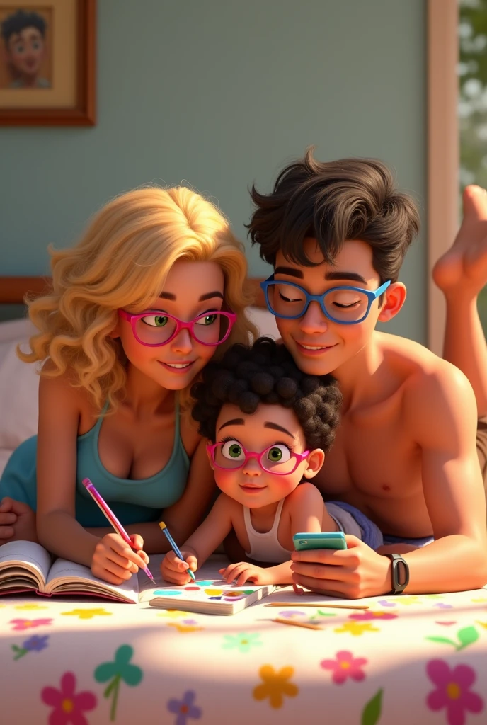 caucasian woman, white child long hair, white male, Realismo ao máximo estilo disney mulher white color, hair blonde, cabelo encaracolado Wearing Pink Glasses, clear green eyes, blue dress. Homem white color clara, wearing brown shorts, wearing no shirt, WEARING BLUE GLASSES, dark hair. the two of them lying on a bed with a flowery bedspread, reading a book and using the cell phone. little child, white color, black curly hair, Wearing Pink Glasses, drawing and painting with various pencils.