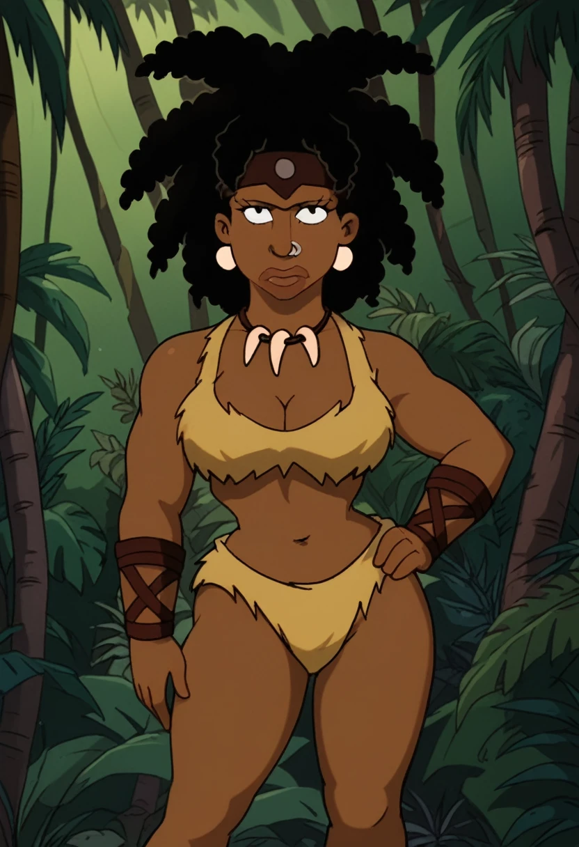 Score_9_up, score_8_up, score_7_up, BREAK amazonianfu, 1girl, solo, dark skin, afro, headband, nose piercing, earrings, toot necklace, fur bra, cleavage, fur panties, wristband, hand on hip, jungle