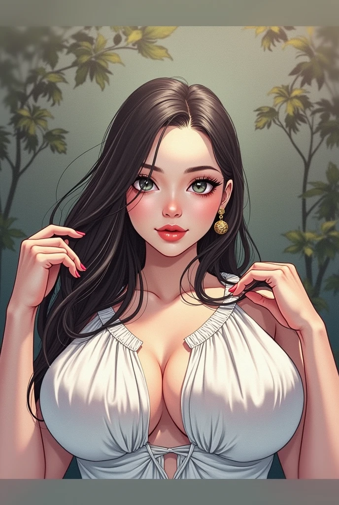 girl with long black hair, large breasts, taking a selfie,(best quality,4k,8k,highres,masterpiece:1.2),ultra-detailed,(realistic,photorealistic,photo-realistic:1.37),extremely detailed face and eyes, fulportrait, seductive pose, studio lighting, natural lighting,