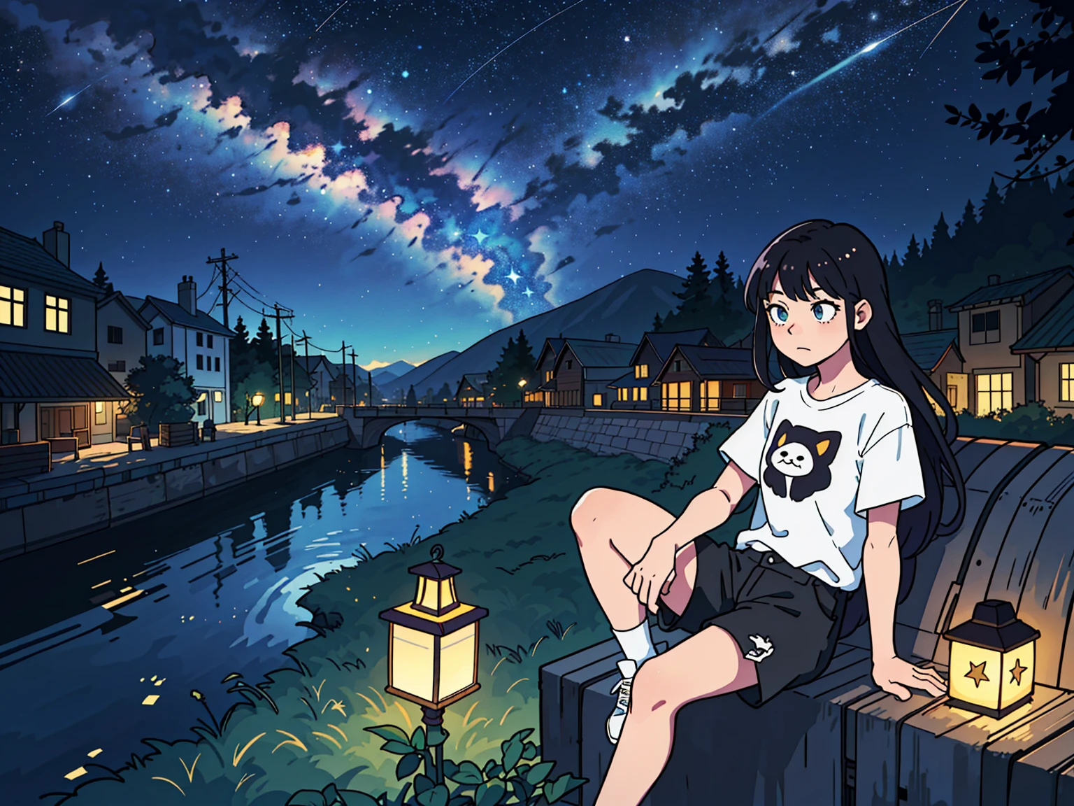 Super detailed:1.3, (Absurd, texture, masterpiece), pixiv Contest Winner, John Berkey, Dynamic cartoon style illustration,Oversized T-shirt、stand lighting、Colored pencil style、Long black hair、play the guitar infront of the river、in the midle of city, kitten、Night Sky、outdoor、High precision、detailed、8K,Sitting with legs crossed, Starry sky inner hair,Dark aesthetic,Euphoric,Black shorts,Beautiful woman,Old alley background, Dozing off,Crayon colored Zentangle,overview,Anime