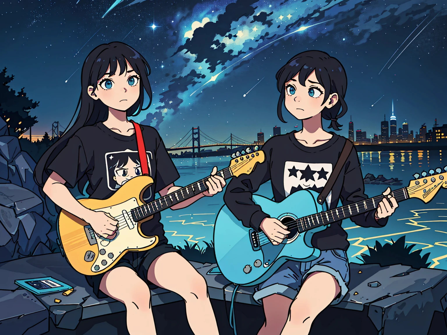 Super detailed:1.3, (Absurd, texture, masterpiece), pixiv Contest Winner, John Berkey, Dynamic cartoon style illustration,Oversized T-shirt、stand lighting、Colored pencil style、Long black hair、play the guitar infront of the river、in the midle of city, kitten、Night Sky、outdoor、High precision、detailed、8K,Sitting with legs crossed, Starry sky inner hair,Dark aesthetic,Euphoric,Black shorts,Beautiful woman,Old alley background, Dozing off,Crayon colored Zentangle,overview,Anime