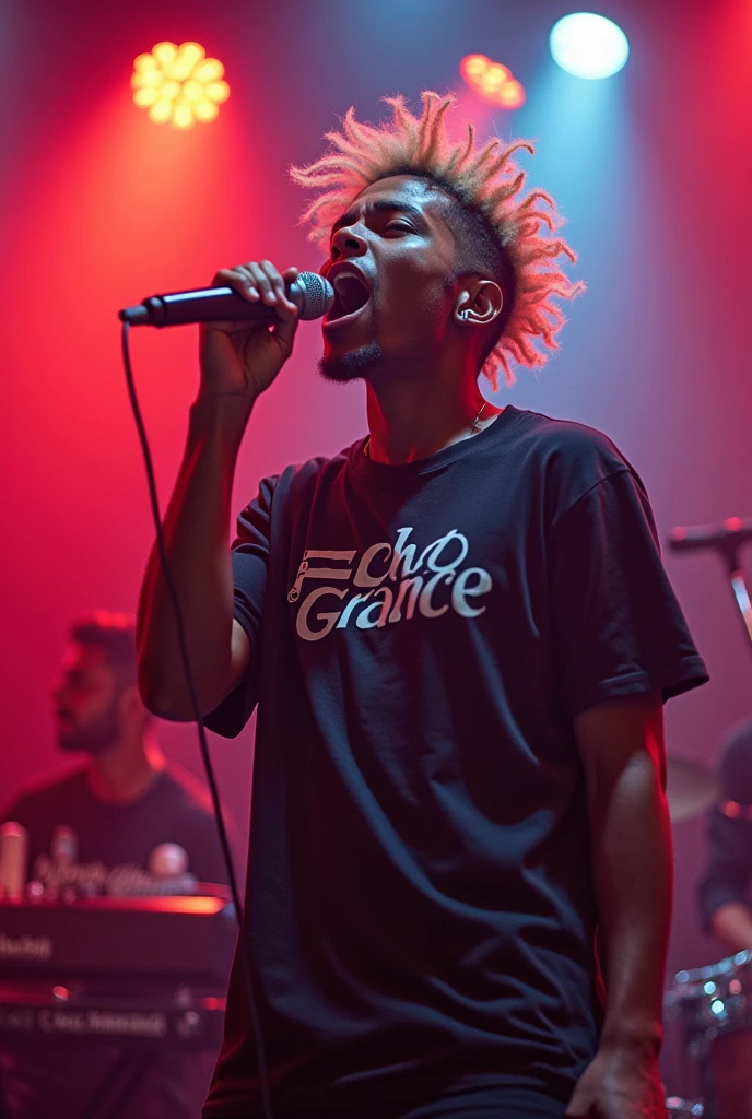 (good quality, : 1.3), brown singer singing techno rock, yelling: 1, lights: 1.5, hair stuck, hair blonde: 1.3, (holding microphone: 1.2), Shirt with Echo Grace written on it, comely, rot, Face ultra detailed, band playing keyboard and drums in the back detailed, praising God, feeling the presence of God.