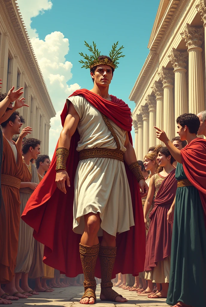 Roman Julius Caesar, in ancient Rome, aged 21, with crown of branches, returning to Rome, and being applauded as a hero by an ancient Roman crowd, image in comic book drawing