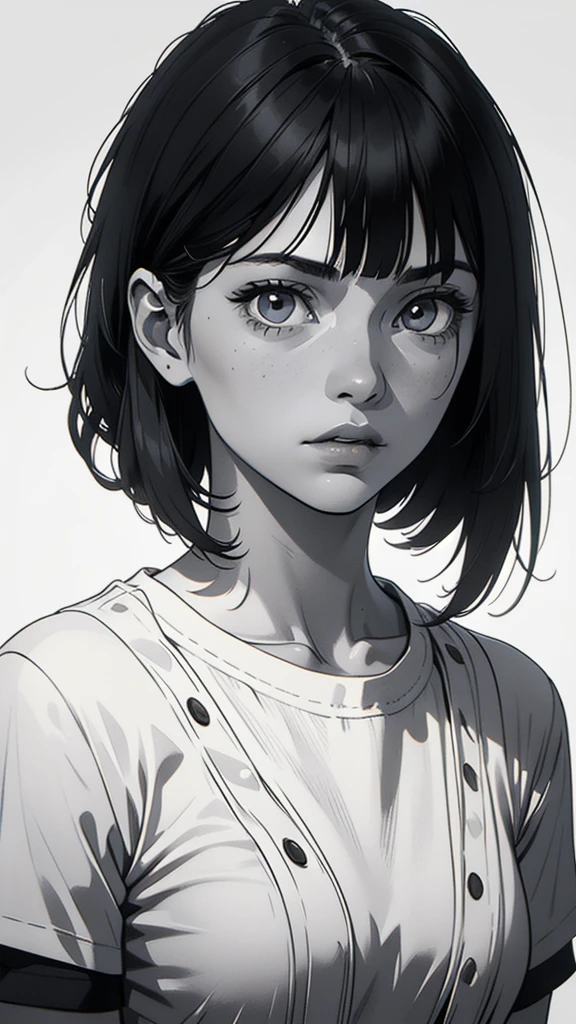 1 boyish girl, solo, sharp eyes, expressionless, monochrome, greyscale, short black hair, portrait, white T-shirt, closed mouth, looking at viewer, graphite \(medium\), detailed lips, hatching \(texture\), without makeup, bangs, upper body, (best illustration), (best quality), (very detailed), (masterpiece), expressionless,