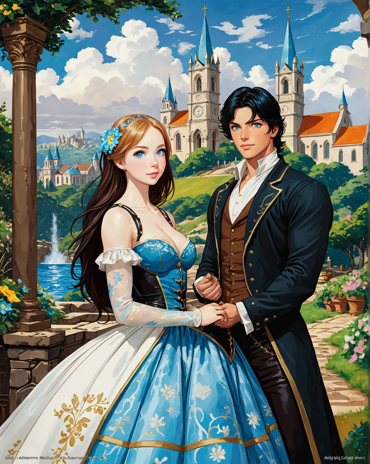 Young Beautiful Princess Bride (Black Hair Hour Glass Figure Jessica Green Adelaide Kane Molly Quinn Hyper Large Blue Eyes. BUFF TONED FIT Hyper MUSCULAR. . Hourglass Figure Large Bust Ultra-Realistic. ) And Prince Groom (Bearded Michael Seater) Smiling To Each Other Beautiful Church In The Background. Dickensian. Official Art Award Winning Digital Painting Digital Illustration Extreme Detail 4k Ultra Hd Rococo Polished Intricate Realistic Fantasy Art Sharp Focus Concept Art Art By Wlop Artgerm (2d Vector Illustration)