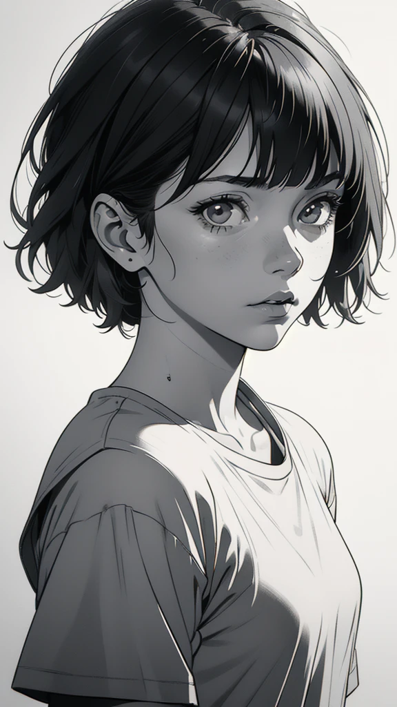 1 boyish girl, solo, sharp eyes, expressionless, monochrome, greyscale, short black hair, portrait, white T-shirt, closed mouth, looking at viewer, graphite \(medium\), detailed lips, hatching \(texture\), without makeup, bangs, upper body, (best illustration), (best quality), (very detailed), (masterpiece), expressionless,