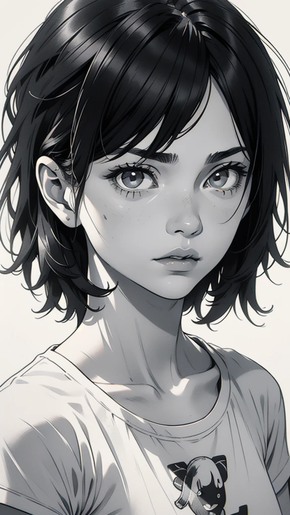 1 boyish girl, solo, sharp eyes, expressionless, monochrome, greyscale, short black hair, portrait, white T-shirt, closed mouth, looking at viewer, graphite \(medium\), detailed lips, hatching \(texture\), without makeup, bangs, upper body, (best illustration), (best quality), (very detailed), (masterpiece), expressionless,