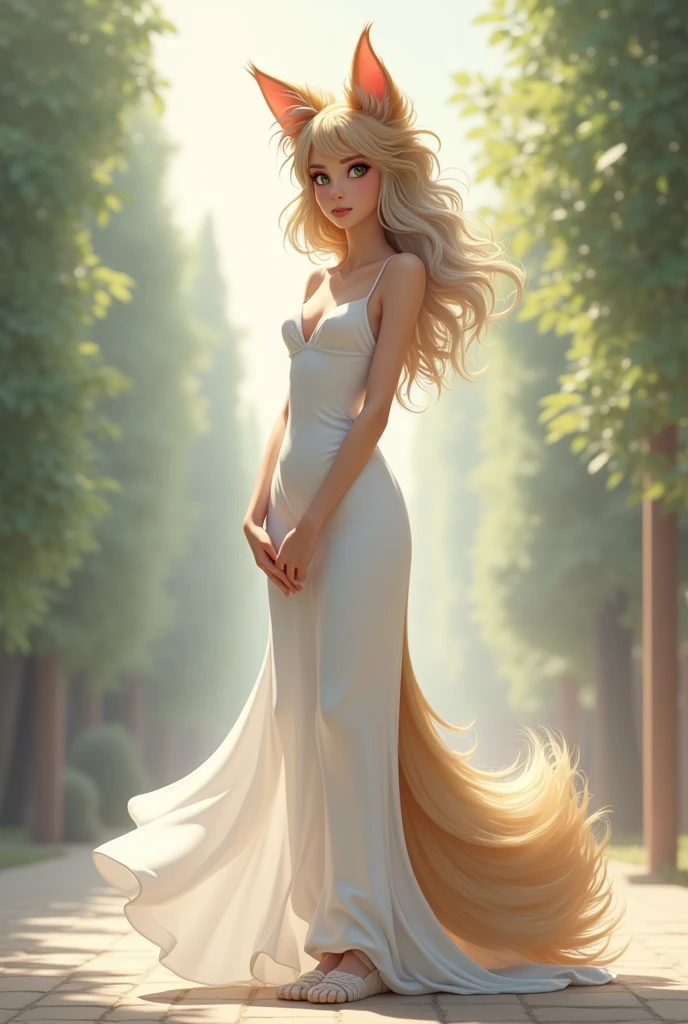 dog、Papillon Personification、スラっとモデル体型で耳はdog耳、She is wearing a white dress that gives off a noble vibe.、Her hair is soft and natural wavy, with blonde inner color and gray.、Loose socks on your feet