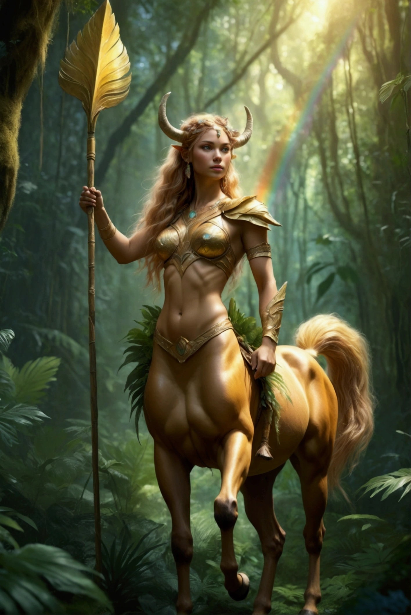 a beauty centaur holding spear, in a deep forest rainbow jungle, she has a glow golden skin and hairy, realistic skin