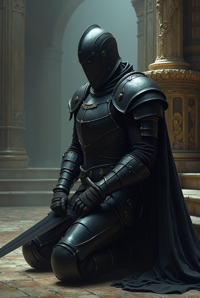 black knight, very large long and broad sword, kneeling at an altar asking for forgiveness for his sins shining armor dark aura 