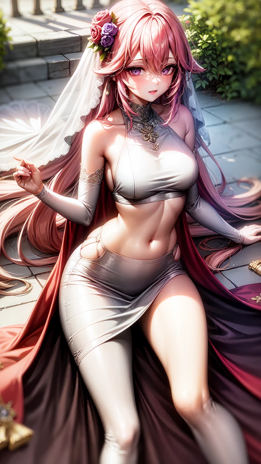 purple eyes,Wedding dress,long skirt,crop top,pink hair