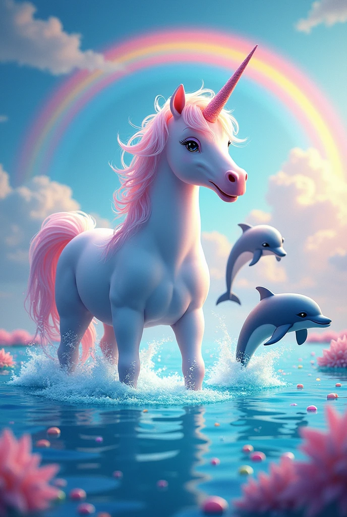 Unicorn and dolphins with candy and a rainbow in the background