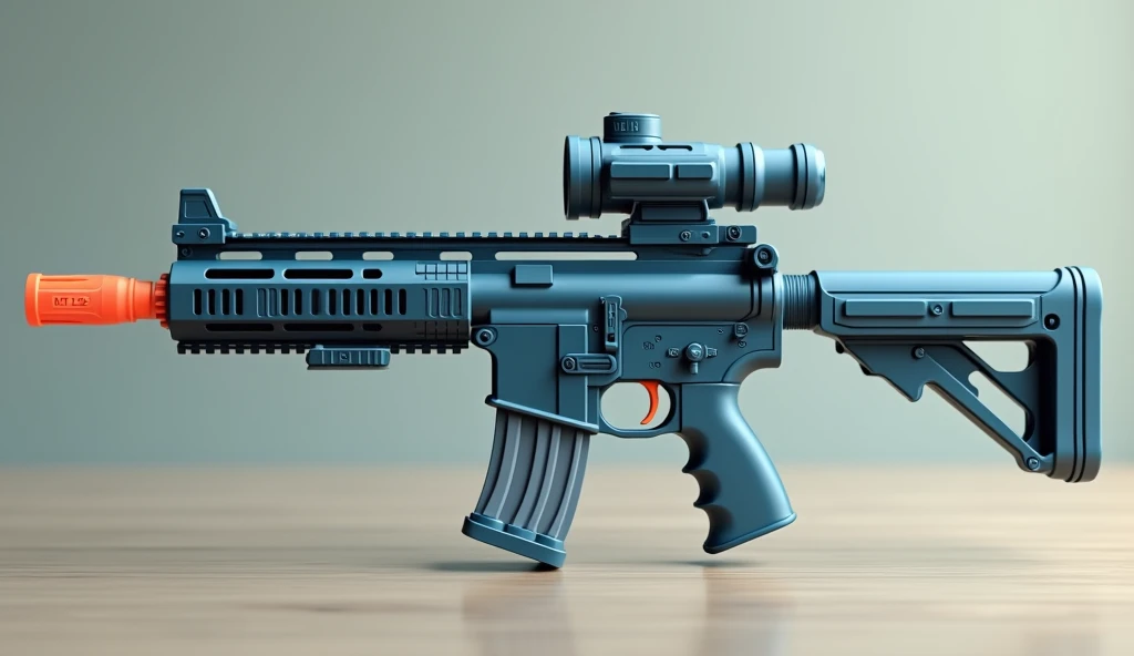 Mini double water gun toy,Integrated rifle mount,Simple surface pattern,Transparent magazine and scope recessed,(Similar structure to M416),(Double muzzle:1.3),Smooth lines,Plastic material,Three-color Morandi color matching,high quality,Professional Product Photography,Table background,3d, OC Rendering,8K,