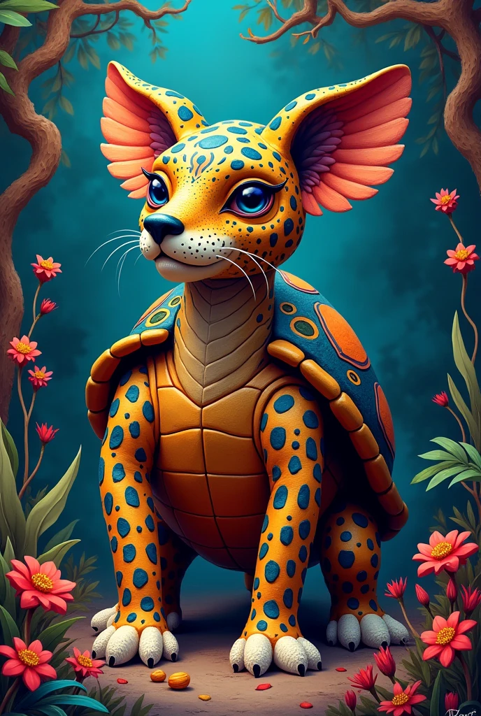 Make an alebrije with the following characteristics, turtle shell, leopard spots, dog head and koala arms
