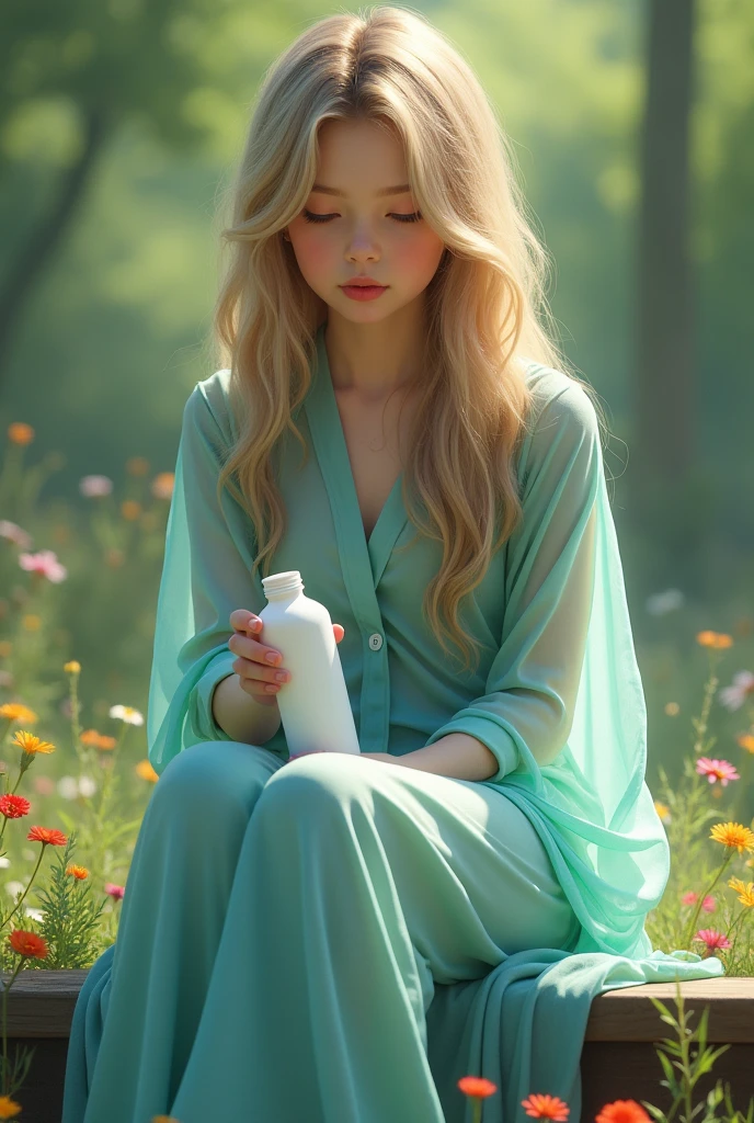(photorealism:1.2), beautiful young girl , sitting on bench, wearing long urquose trancperacy cloth, pajama pants, long golden-violet long hair, , soft lighting, green forest in background, colorful flower below, pouring water from white bottle, realistic, intricate details, blure and smooth background colors,