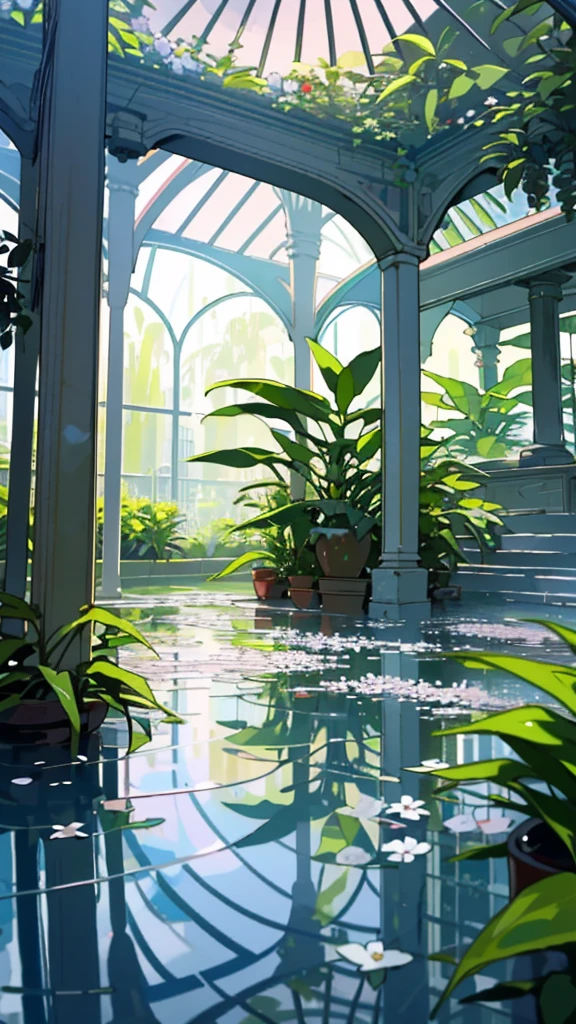 (top quality, masterpiece, ultra-realistic), rainy day, raining, wet ground, puddle, indoor botanical garden, dome, lots of flowers, dense mass plants, the background landscape is a garden with petals and puffs flying around. --v6