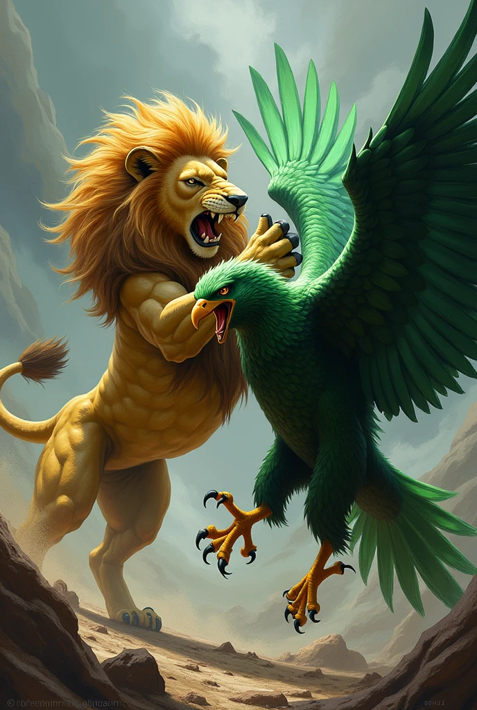 Yellow lion fighting a green eagle