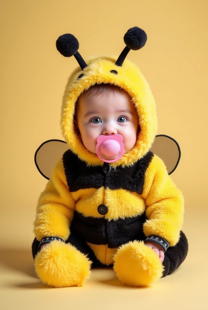 Baby in a bee bodysuit with a pink pacifier, Whole body, blue eyes