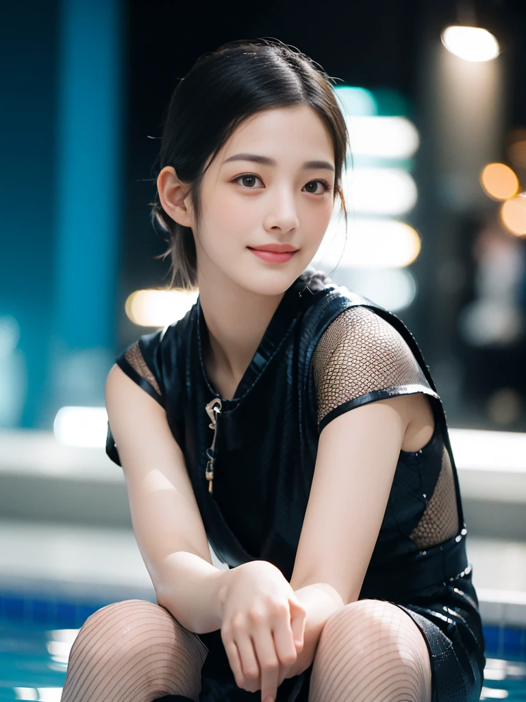 a Close-up portrait of gorgeous smiling cute Japanese woman in a glamorous Fishnet dress outfit, delicate facial features, porcelain-skinned, ponytail, a fusion of young Marion Cotillard's striking eyes and young Anne Hathaway's introspective gaze, long and slender cute face, curved eyebrows, droopy hooded eyes, lower nasal bridge, slim wavy nose, smiling, thin lips, short pixie cut hair, silhouette, bokeh, skylight atrium pool background, depth of field, photo, film,