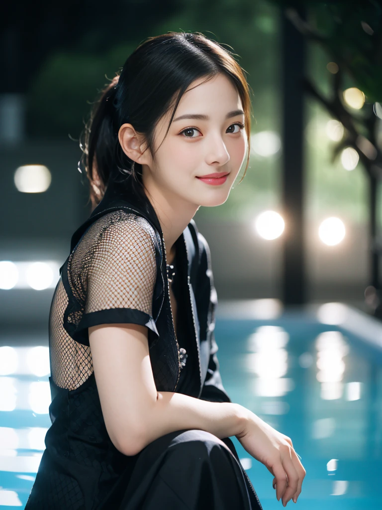 a Close-up portrait of gorgeous smiling cute Japanese woman in a glamorous Fishnet dress outfit, delicate facial features, porcelain-skinned, ponytail, a fusion of young Marion Cotillard's striking eyes and young Anne Hathaway's introspective gaze, long and slender cute face, curved eyebrows, droopy hooded eyes, lower nasal bridge, slim wavy nose, smiling, thin lips, short pixie cut hair, silhouette, bokeh, skylight atrium pool background, depth of field, photo, film,