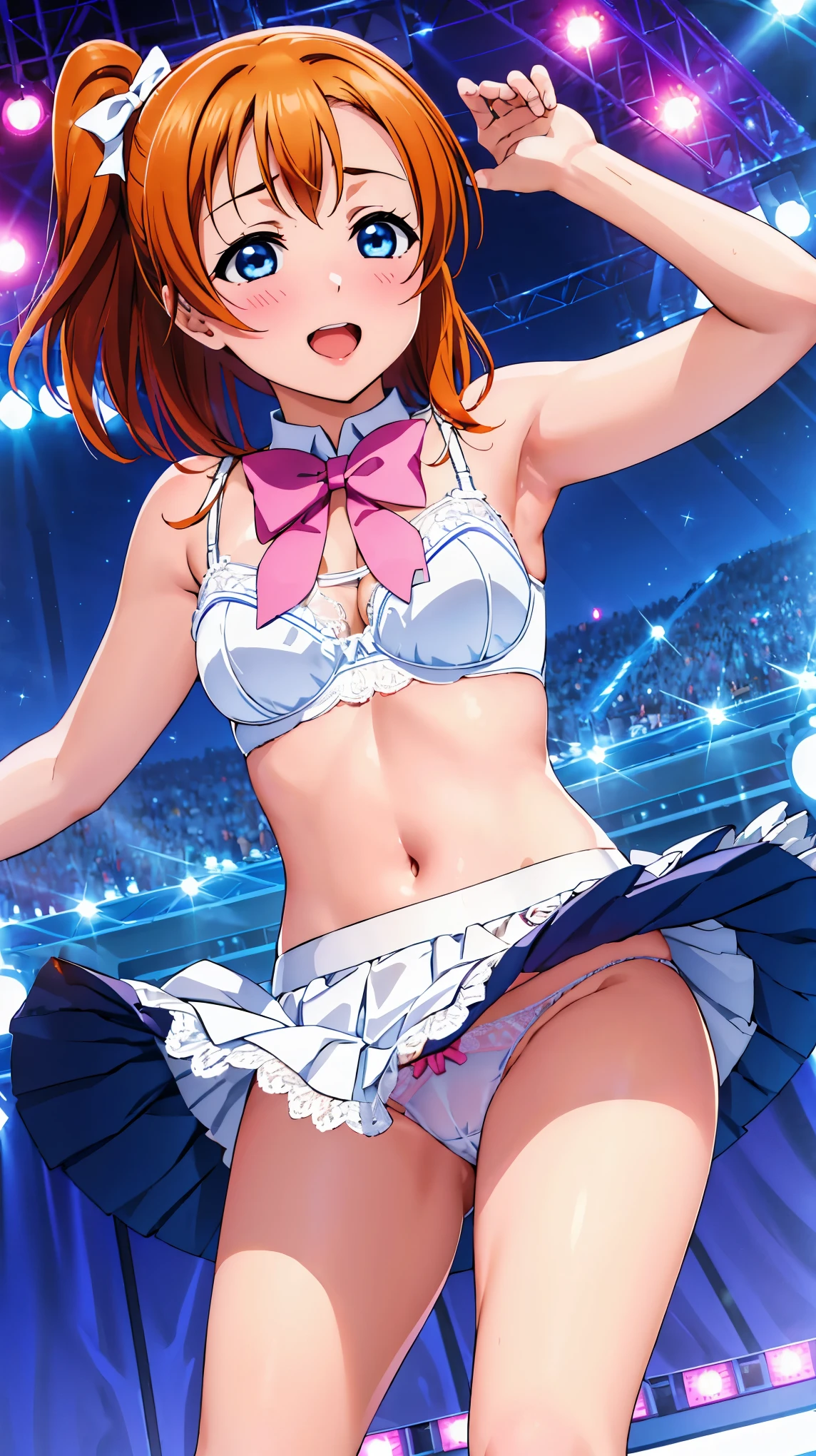 (((Pixel perfect, perfect detail))), (((Underskirt angle view, panties visible,))), solo, solo girl, Kosaka Honoka, (idol dress, : 1.0), (magical girl,: 1.0), viewer's point of view, embarrassed face, μ's, Love Live! stage, singing, (lace skirt: 1.3), (white panties: 1.3), (panties with ribbon), (ruffled panties: 1.3), (bra, fullback panties,: 1.3), (low angle), blue eyes, orange hair, one side up hair, short hair, (spread legs: 1.0)