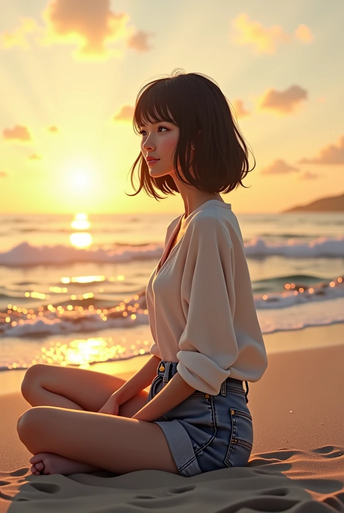 20-year-old woman, with dark black hair, Short shoulder-length hair, without large breasts, not even a big ass, a girl sitting on the beach in jean shorts and a white blouse at sunset, the most realistic and subtle.