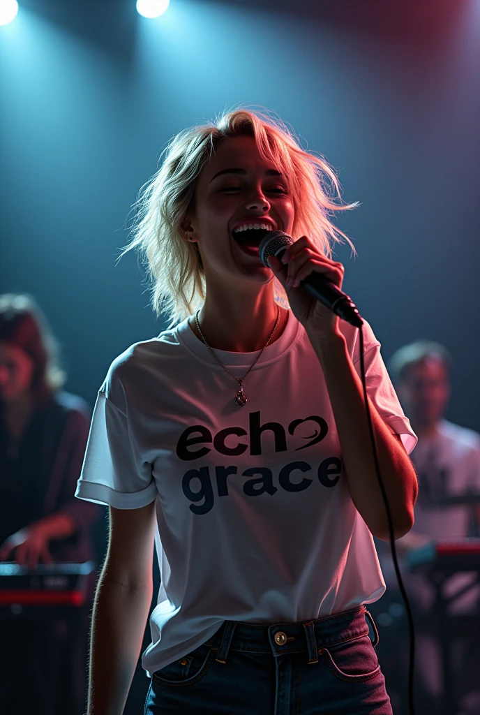(good quality, : 1.3), brown female singer singing techno rock, yelling: 1, lights: 1.5, hair stuck, hair blonde: 1.3, (holding microphone: 1.2), Shirt with Echo Grace written on it, comely, rot, Face ultra detailed, band playing keyboard and drums in the back detailed, praising God, feeling the presence of God.