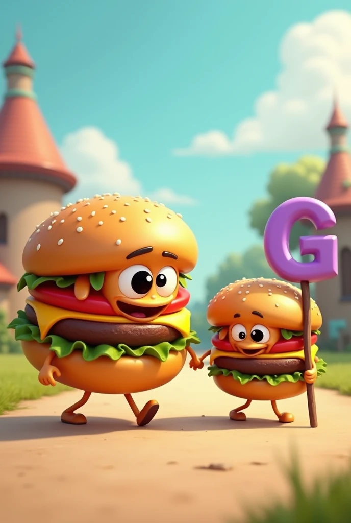 Create an image of an animated hamburger walking hand in hand with a smaller hamburger that looks happy and has a stick with the purple letter G on its head that is not so chubby.