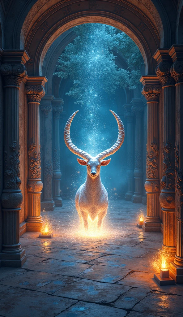 A room filled with mystical and zodiacal elements, invoking a sense of magic and mystery of capricorn. Zodiac symbols intricately adorn the walls, casting a spell-like ambiance throughout the space. In the center, a zodiac capricorn and shimmers with otherworldly light, reflecting the constellations above. This image, whether a painting or a photograph, captures the ethereal beauty of the scene with exquisite detail and rich, vibrant colors. Each symbol and decoration is meticulously crafted, drawing viewers into a realm of enchantment and wonder.