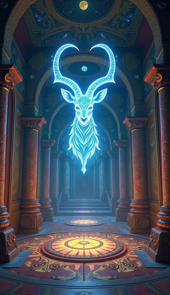 A room filled with mystical and zodiacal elements, invoking a sense of magic and mystery of capricorn. Zodiac symbols intricately adorn the walls, casting a spell-like ambiance throughout the space. In the center, a zodiac capricorn and shimmers with otherworldly light, reflecting the constellations above. This image, whether a painting or a photograph, captures the ethereal beauty of the scene with exquisite detail and rich, vibrant colors. Each symbol and decoration is meticulously crafted, drawing viewers into a realm of enchantment and wonder.