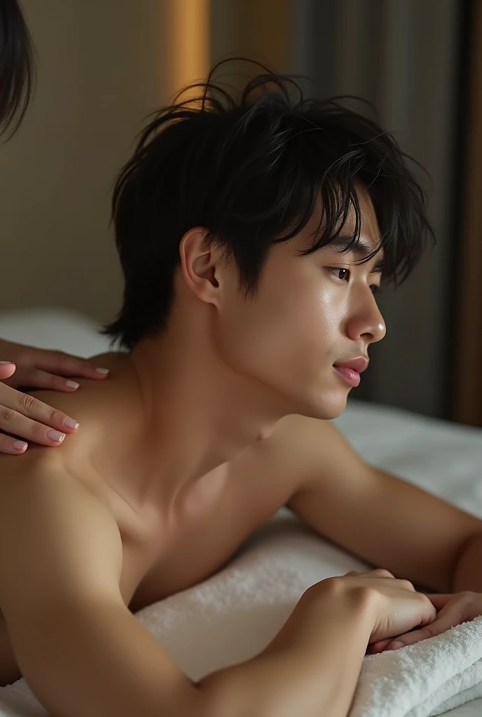 1boy、Real photo style、Photo Quality、Cute handsome man、Mash Hair、Japanese male, 、Completely naked、Full nudity、erection、Huge penis、Highest quality、Realistic、beautiful、Receiving an oil massage from a woman、Prone、Completely naked