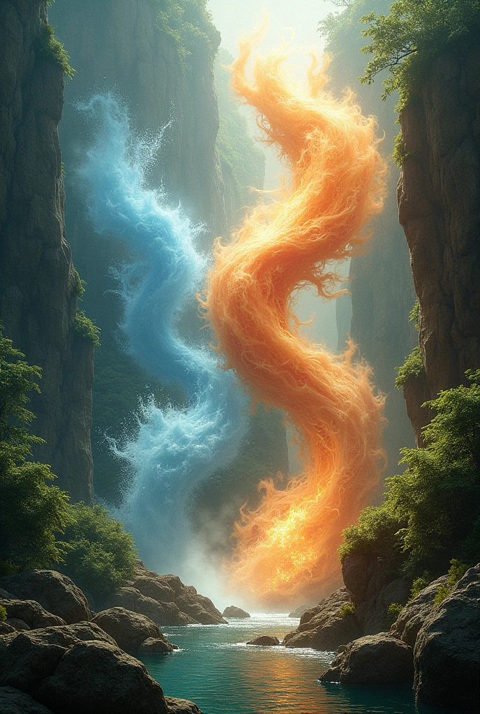 Image that mixes the 4 earth elements, fire, air, water with vegetation that looks more real