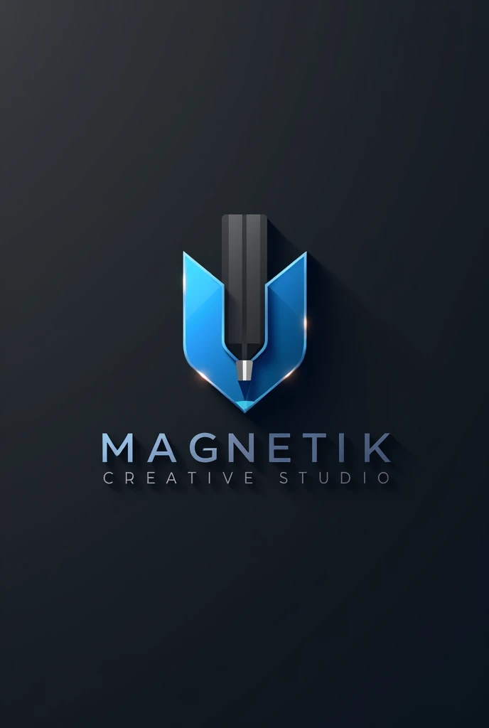 create a logo for Magnetik Creative Studio which is a marketing company it must be elegant, sober, professional and creative. It should include a stylized creative pencil with magnetic attraction elements, una tipografía moderna y elelegante y una paleta de colores sobers y llamativos como negro, gray, white, electric blue. Subtle details such as soft shadows and shimmer effects can add sophistication to the design.. that adds the letter m in some way, and that it has a graphic design logo style and that it is a flat image
