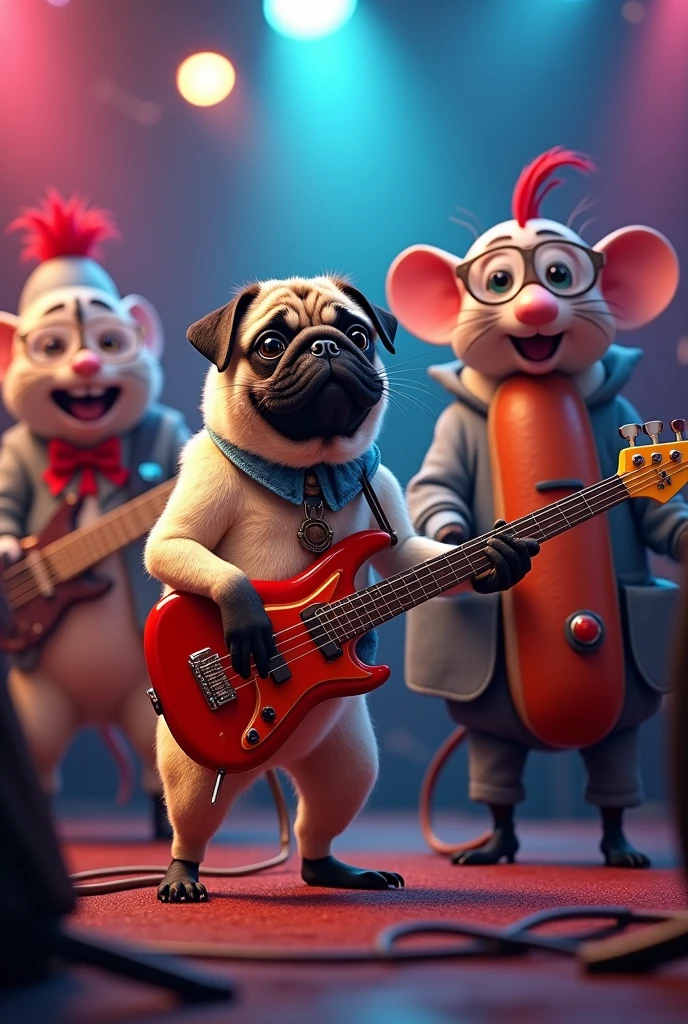 a pug dog on the drums, a hotdog smiling with electric guitar, the emoji with glasses and red and black hair with the bass and singing a rat with clown makeup