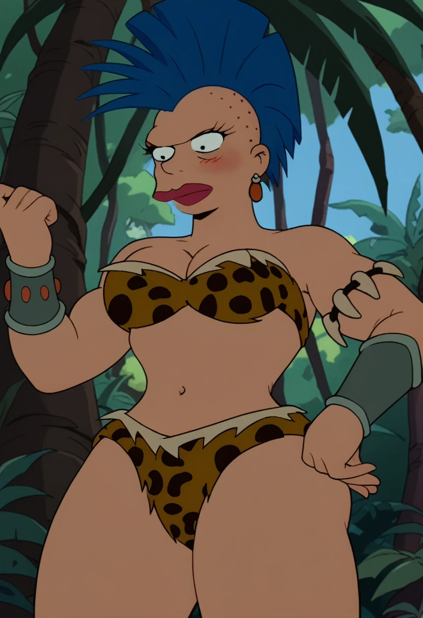 Score_9_up, score_8_up, score_7_up, BREAK amazonianfu, 1girl, solo, blue hair, mohawk, earrings, leopard print bikini, cleavage, wristband, bone armband, jungle, from below, seductive smile, aroused, blush, ass, spread ass, bending over, looking on viewer,