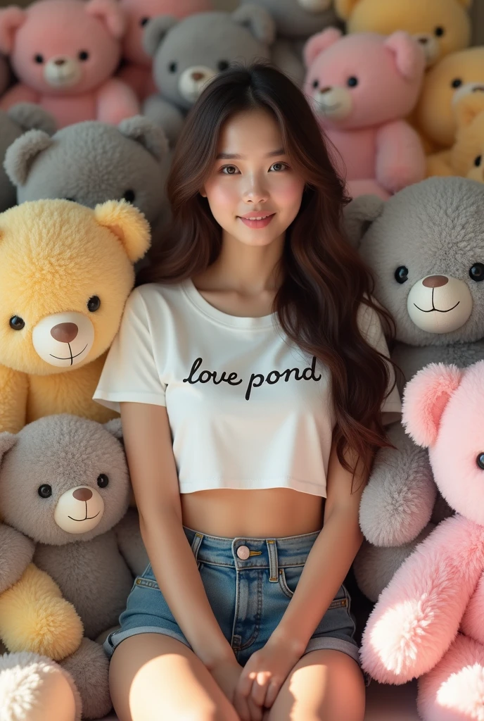 A beautiful young Asian woman with long, flowing brown hair and a captivating gaze sits confidently amidst a colorful array of plush teddy bears. She wears a simple white crop top screen "Love Pond" and denim shorts, creating a casual and playful aesthetic. The teddy bears, in various shades of pink, yellow, and grey, form a soft and inviting backdrop. The scene exudes a sense of youthful charm and innocence, reminis