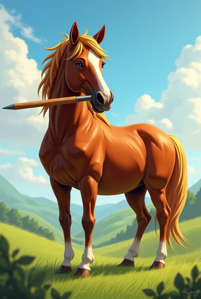 A horse eating a pen