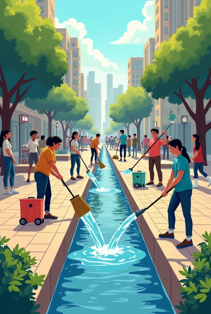 The community cleans the areas around fountains and pipes