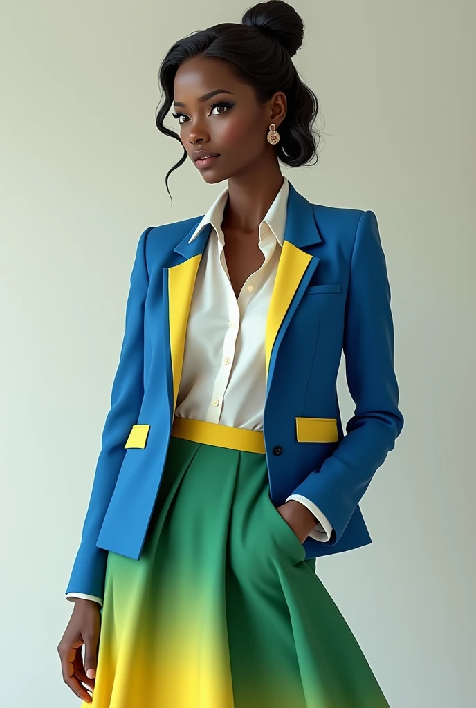 Female body and black skin. Blue blazer with yellow details on the collar and pockets. White formal blouse under the blazer. Short flared skirt with green and yellow gradient. elegant set