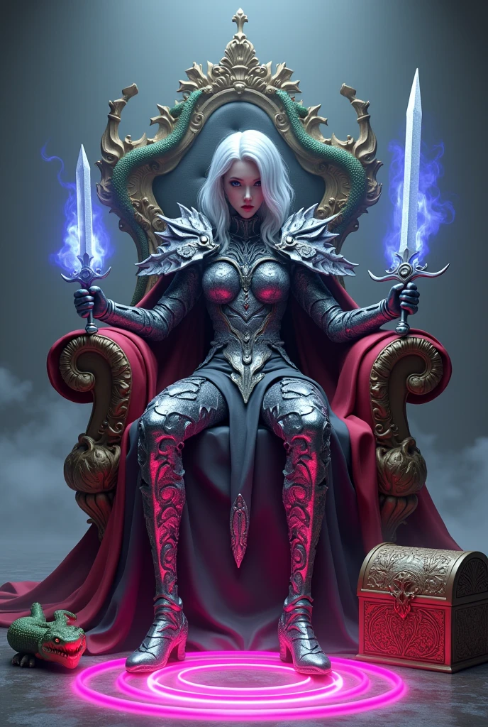 Surreal Very detailed Ultra Fantasy Ultimate Details Ultra-high resolution 8K 32k 3D Clear Eyes Silver Hair Sit on a chair 、In each hand he holds a gorgeous, uniquely designed sword with pale blue flames of mysterious energy emanating from it.. assassin Devilish green anacondas on both shoulders mechanical engineering Mechanic Art . intricate and elaborate design, おMoney, Money Silver Silver Red Black-purple Dynamic pose Cinema Lighting Magical spell aura Sit on a chair Pink magic circle design big, luxurious amulet made of Money Bright colors girl A gorgeous and mysterious magician Gorgeous, Mysterious and cool tiara The ultimate mysterious design Satanism Demonic rainbow armor Mysterious demonic chair textured armor girl Breaking the Magic Seal 足元にキラキラ輝くbigきな蓋の開いた宝石箱を置く宝石が宝石箱から溢れ出る
