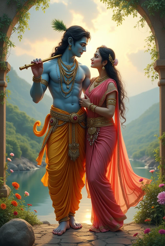 Create a photo with God Krishna holding flute and radha ji standing behind him 