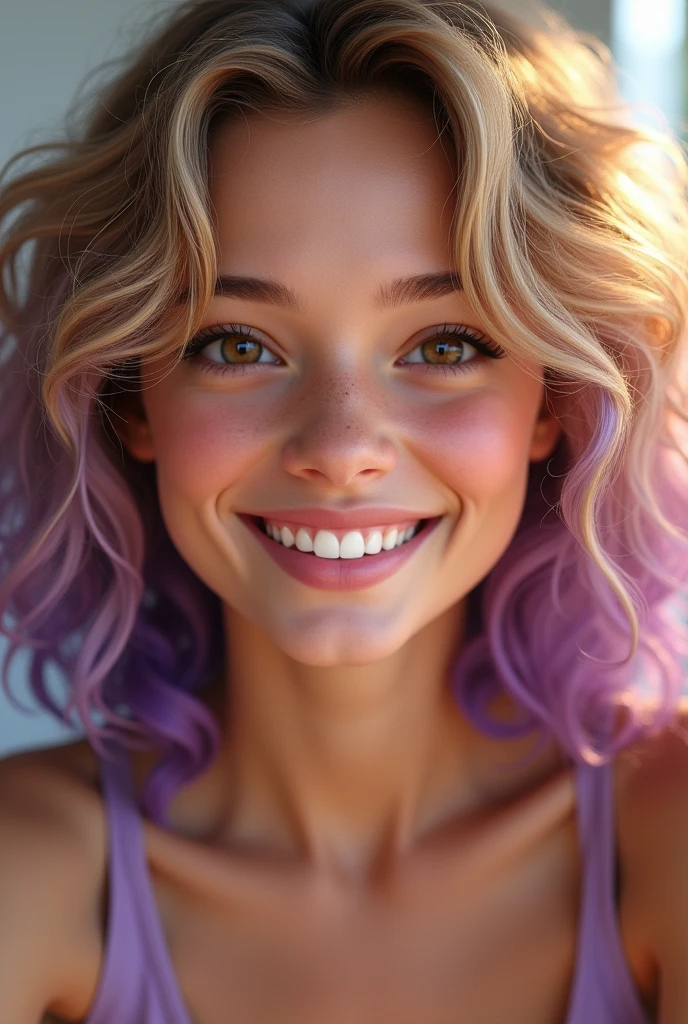 Very realistic young woman, blonde curly hair with violet highlights, skin fair, eyes browns, smile with dimples. Your expression is happy. 

