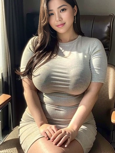 Highly detailed face and skin texture, fine grain, photorealistic rendering, subsurface scattering, high-resolution facial features, micro skin details, natural skin tones, soft shadows, and highlights.
A Japanese gravure idol with a soft, soothing facial expression, sitting on an office chair, facing the camera with a kind smile, and looking slightly to the right. She possesses a voluptuous and thick curvy body, with a noticeable amount of fat distributed across her entire figure, giving her a sensual, erotic appearance. Her body is full and rounded, with a soft and fleshy texture that exudes a sense of physicality and presence.
She has double eyelids and an attractive, mature look, with brown medium-length hair. She is dressed in a tight brown skirt that hugs her plump hips and a brown tight T-shirt that accentuates the thickness and curves of her full figur