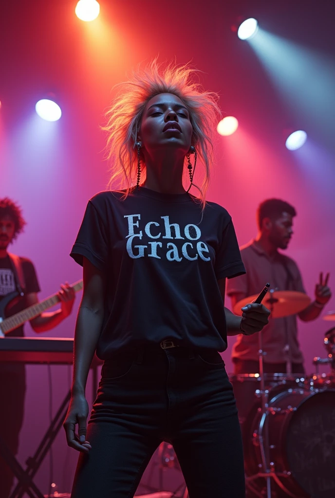 (good quality,  : 1.3), black female singer singing techno rock, yelling: 1, lights: 1.5, hair stuck, hair blonde: 1.3, (holding microphone: 1.2), Shirt with Echo Grace written on it, comely, rot, Face ultra detailed, band playing keyboard and drums in the back detailed, praising God, feeling the presence of God.  