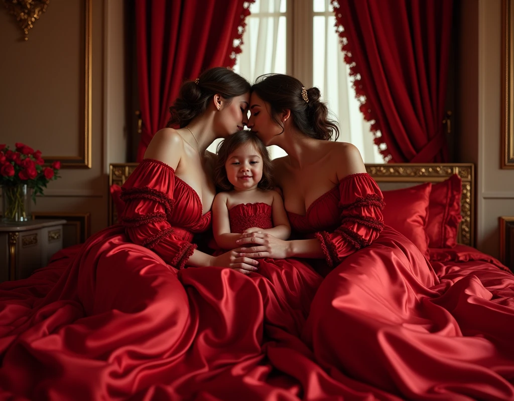 highest quality, masterpiece, highest resolution, artwork, super それにget used to it, many get used to it, get used to it, それにget used to it,((top view angle shows red satin silk mattress)),love,romantic,three persons,two woman kissing each of their partners and their daughter lying down between them,((red satin elegant dresses with a large and long skirt surrounding and covering the mattress like a satin blanket)),red satin evening dresses,((Gorgeous goddess rococo robe satin dress with voluminous full-length hoop skirt)),long sleeve,long dress,A dress with full silk fabric...,luxury,((Palace full red satin bedroom)),((big and long red satin bed)),Frilled silk red bedspread,many pillows on the bed,satin pillow with frills,((Two women kissed each other while lying wrapped their daughter in crimson satin dresses on the big and long size bed)),luxurious ruffled red curtains