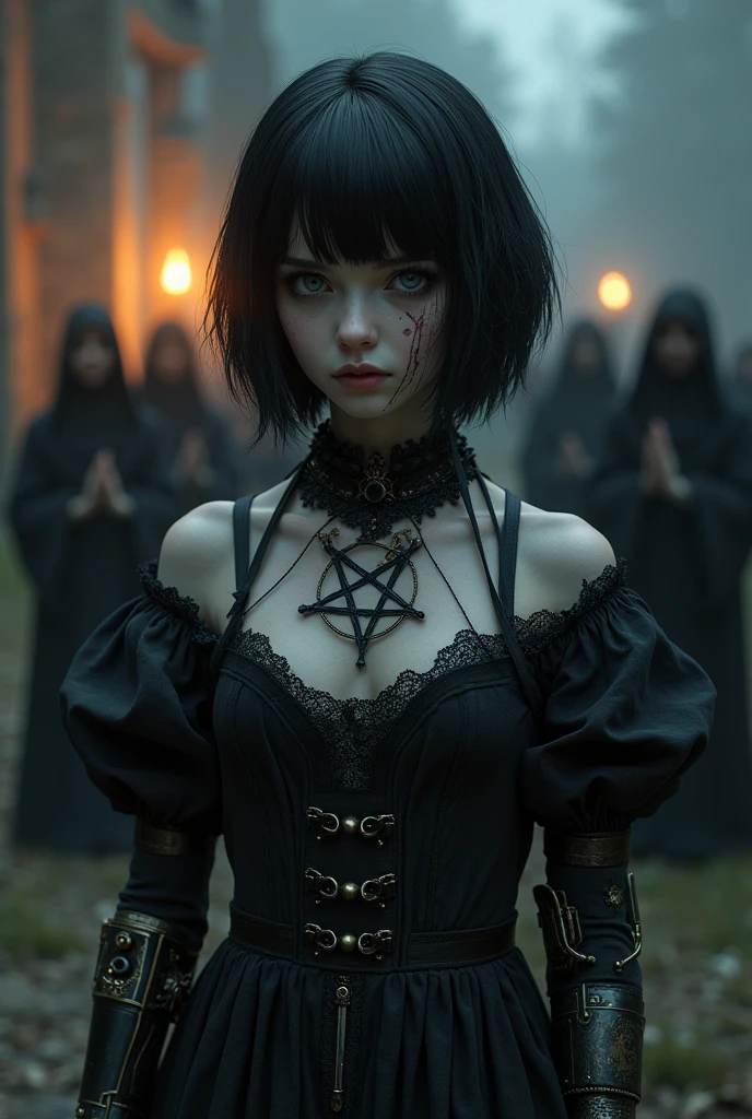 Pale girl with short black hair, from the realistic middle ages, blue eyes dark clothes with prosthetic arm steampunk detailed pentagram, cut on the face, the night, with a religious group with fire behind, detaileds.