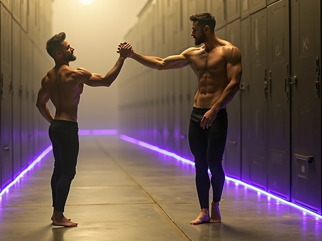 Two handsome men with beautiful faces, slim, shirtless, wearing black pants, dancing, raising their hands
