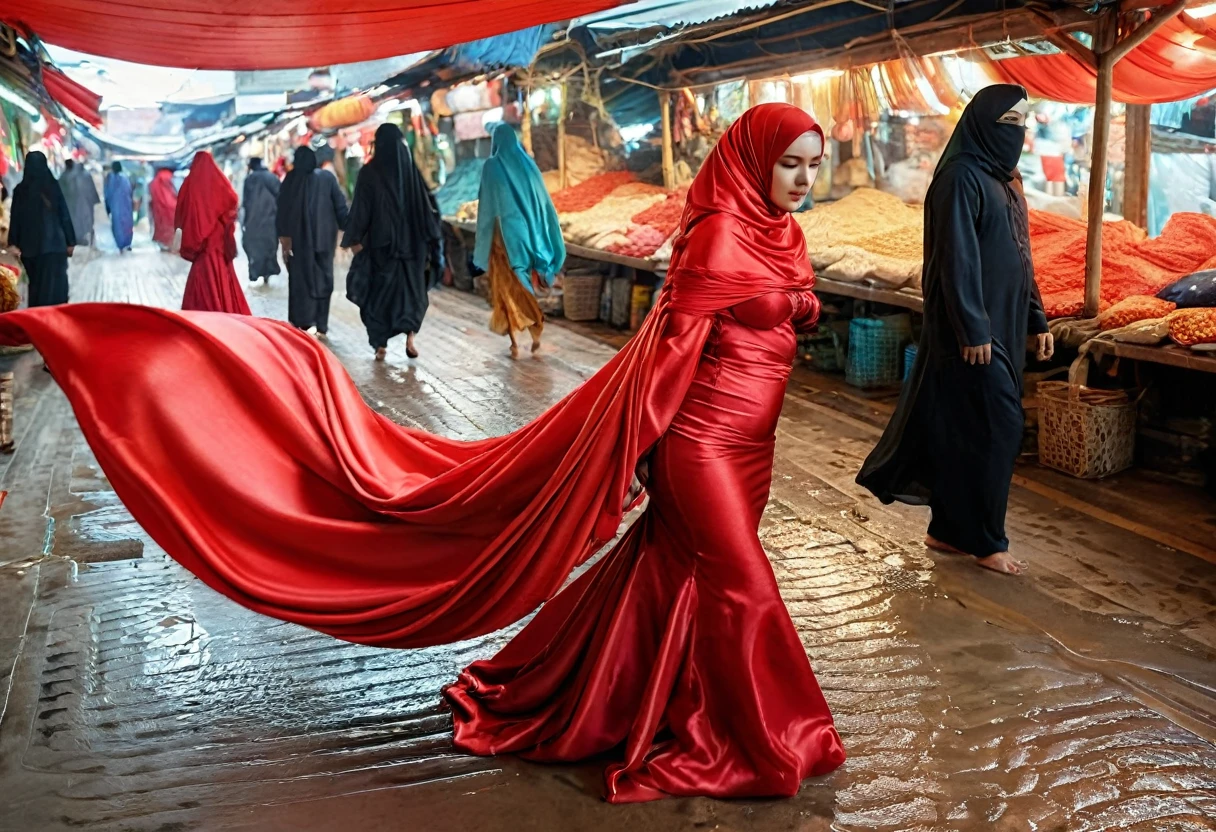 A woman shrouded in a 9-meter-long, plush red satin cloth, tightly bound and grandly draping along the form of her body, flowing off into a pooled floor-length train, styled in a mermaid-inspired outfit, her head modestly veiled in a satin hijab, 175 height woman, walk in wet traditional market, a full-body pose conveying a sense of elegance, captured in a 4k resolution, ultra-realistic