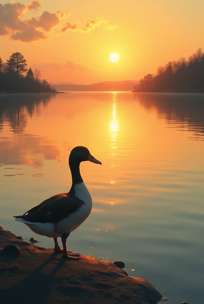 Episode 5:lonely duck scene: Duck walking alone by the lake,Sunset reflected on the lake,His shadow was stretched very long。
plot: Ducks sit quietly by the lake,Enjoying a quiet time alone。Although he still loves the heroine,But he no longer depends on her.,Decided to be a "lonely duck",Learn to face life alone。